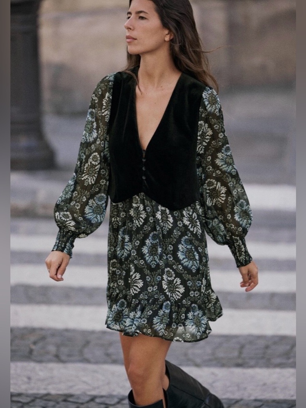 Zara Black Velvet Floral Chiffon Mini Dress